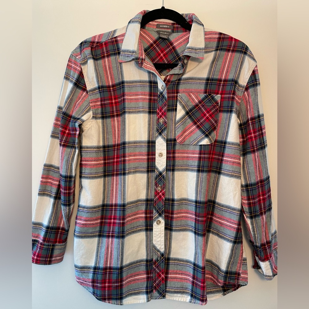 Women’s Eddie Bauer Flannel, Red/green/white, Boyfriend, L, EUC